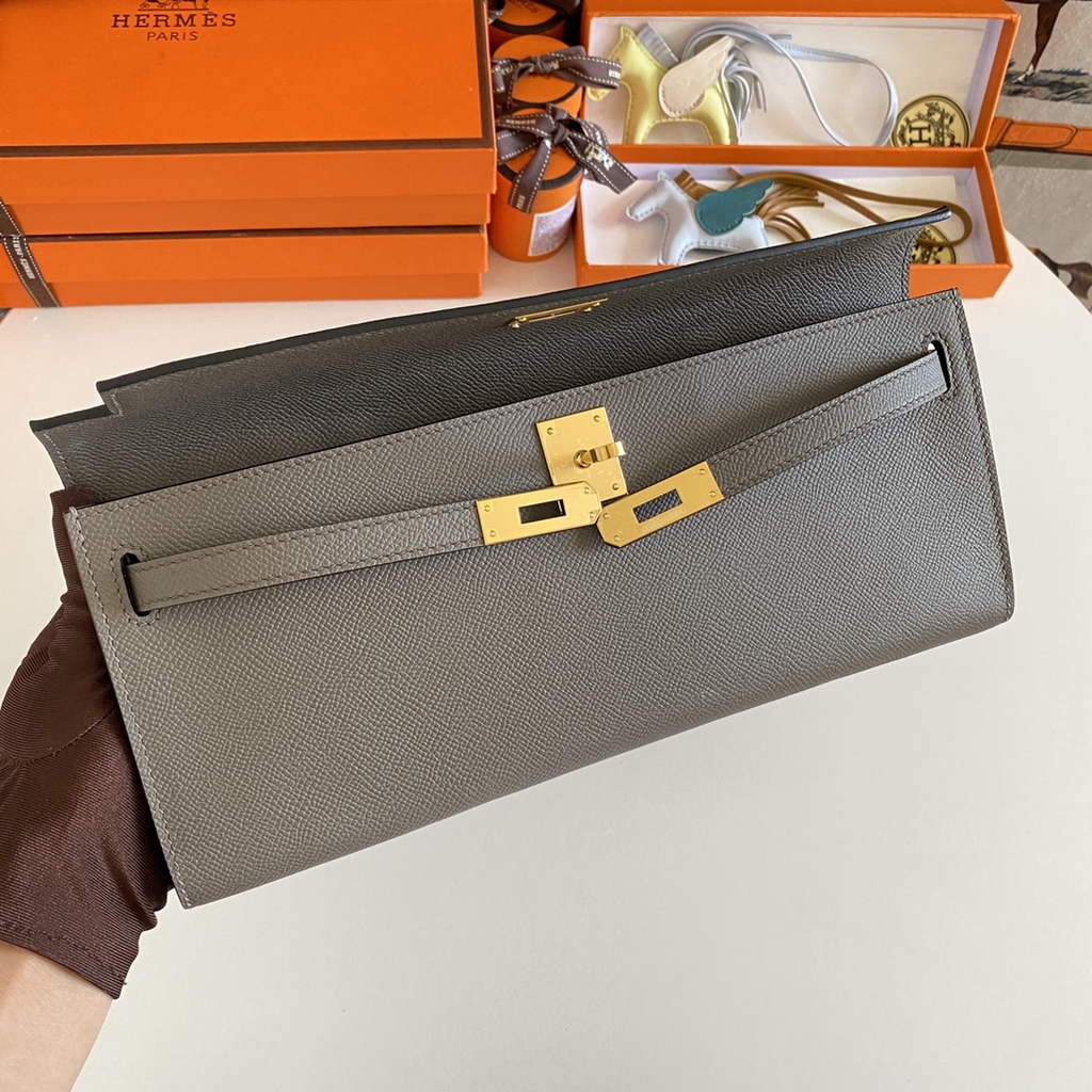 Hermès Kelly Cut Clutch 31cm Epsom Leather Dark Gray Gold - Default Title - View 6