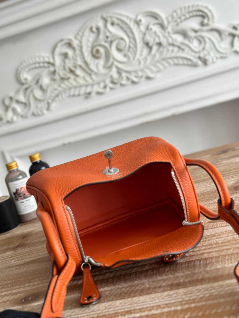 Hermes Lindy Mini Bag Togo Leather Orange Silver H68607 - Default Title - View 9