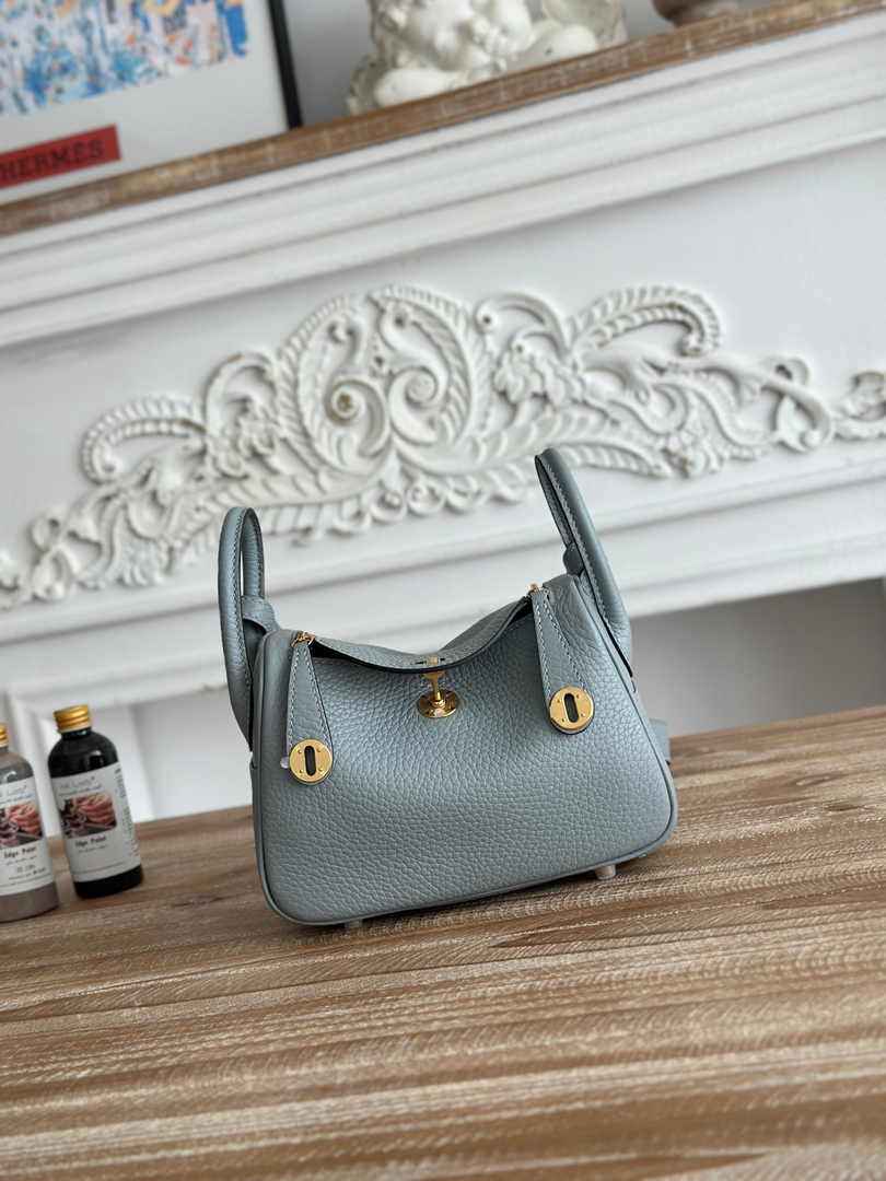 Hermes Lindy Mini Bag Togo Leather Light Blue Gold H68618 - Default Title - View 1
