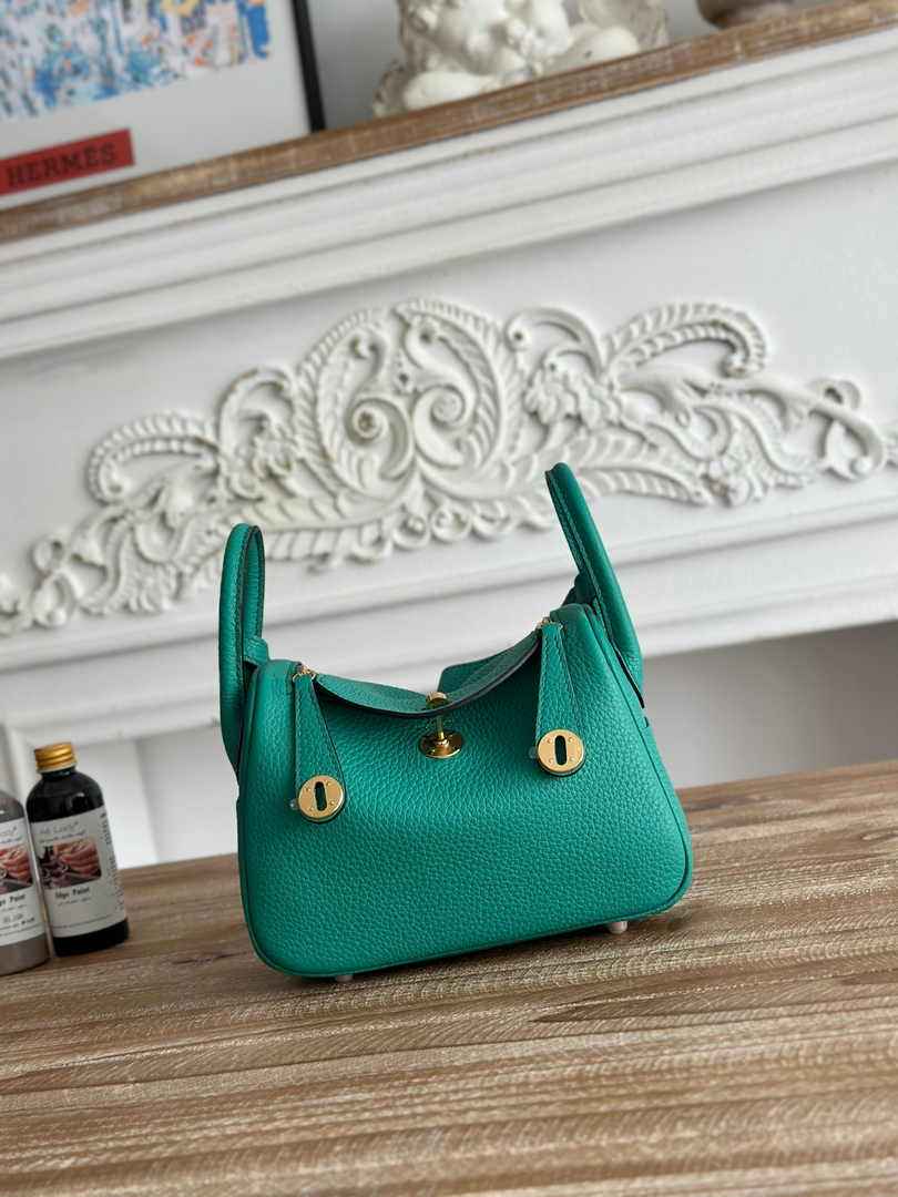 Hermes Lindy Mini Bag Togo Leather Green Gold H68623 - Default Title - View 1