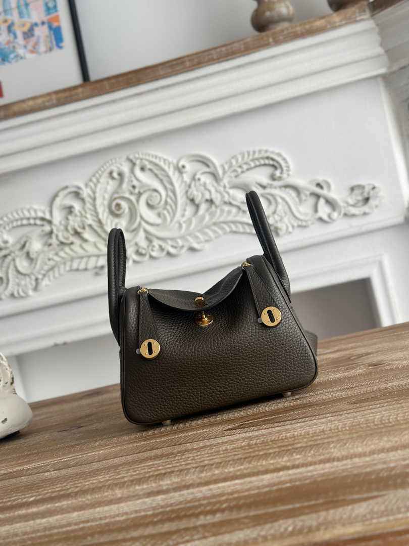 Hermes Lindy Mini Bag Togo Leather Dark Gray Gold H68630 - Default Title - View 1