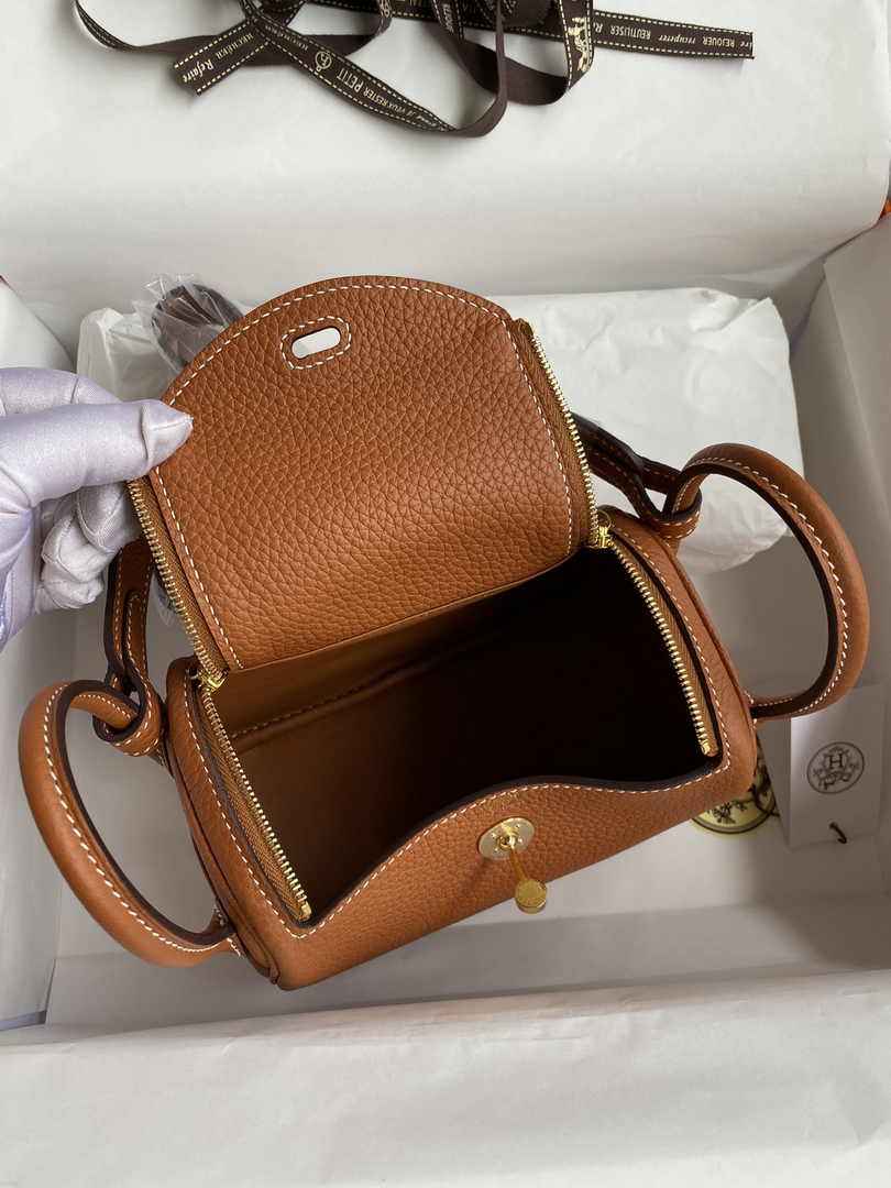 Hermes Lindy Mini Bag Tan Togo Leather Gold Hardware H8645 - Default Title - View 3