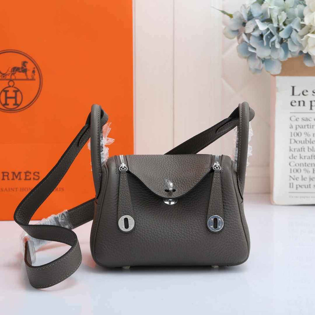Hermes Lindy Mini Bag Dark Gray Togo Leather Silver Hardware H8600 - Default Title - View 1
