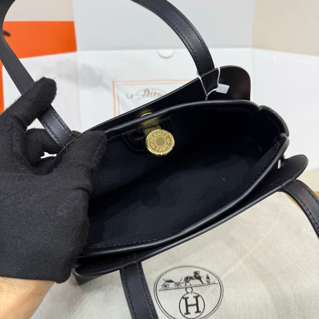 Hermes Tablier sellier Bag Black Swift calfskin and H canvas Gold hardware - Default Title - View 7