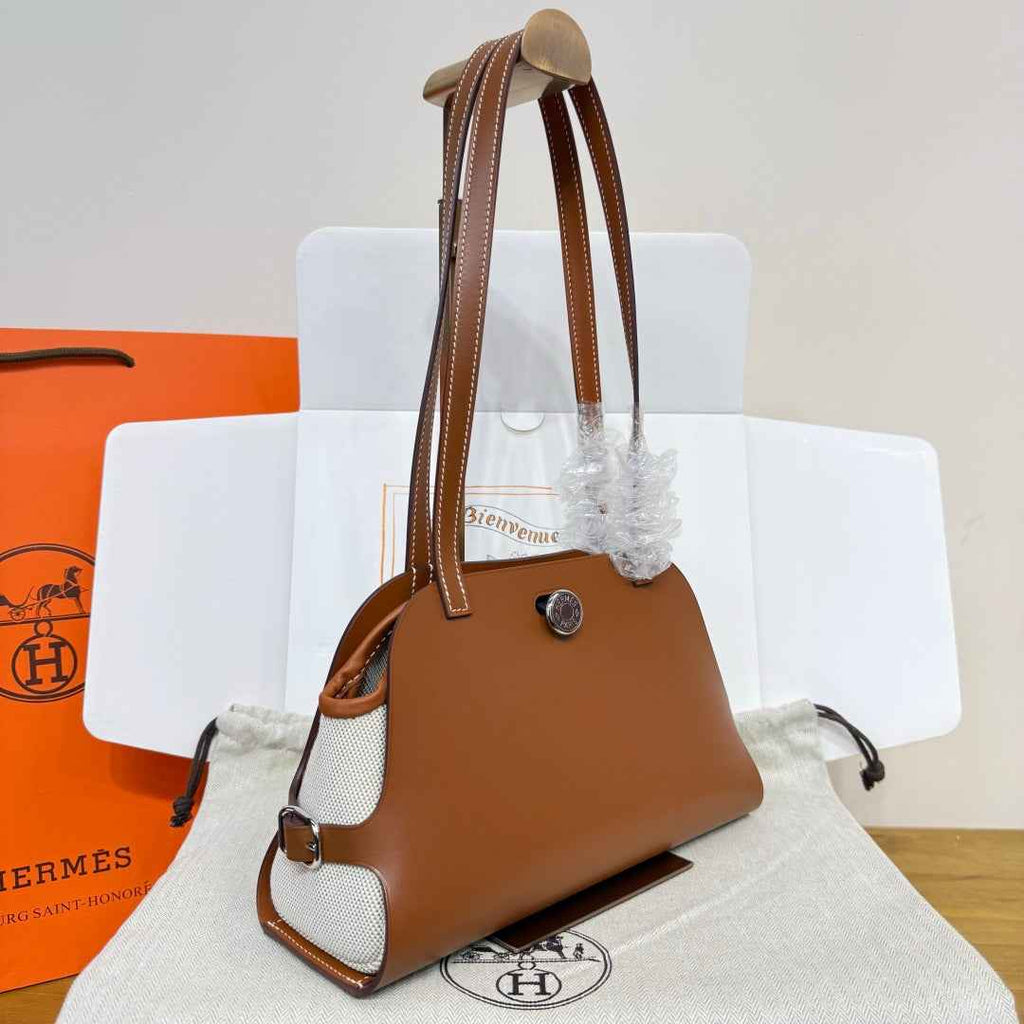 Hermes Tablier sellier Bag Brown Swift calfskin and H canvas Silver hardware - Default Title - View 3