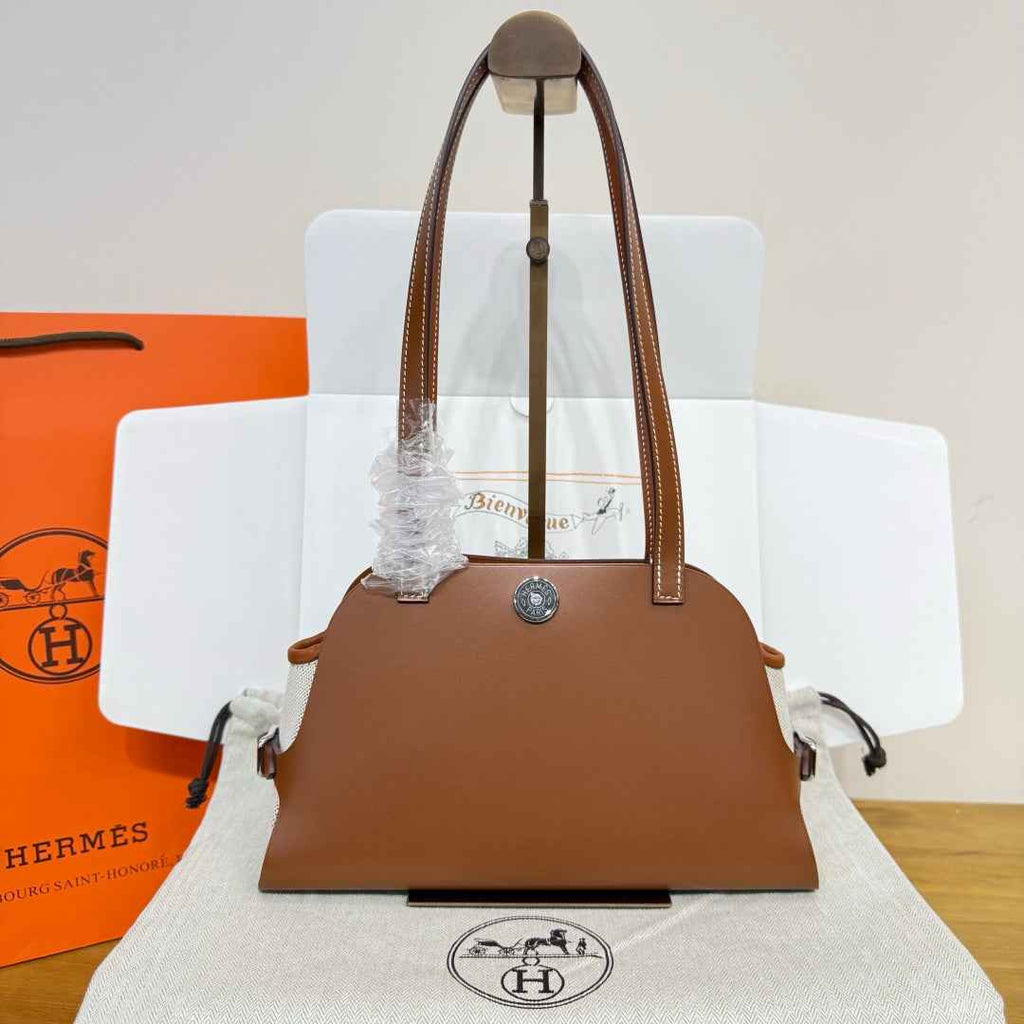Hermes Tablier sellier Bag Brown Swift calfskin and H canvas Silver hardware - Default Title - View 4