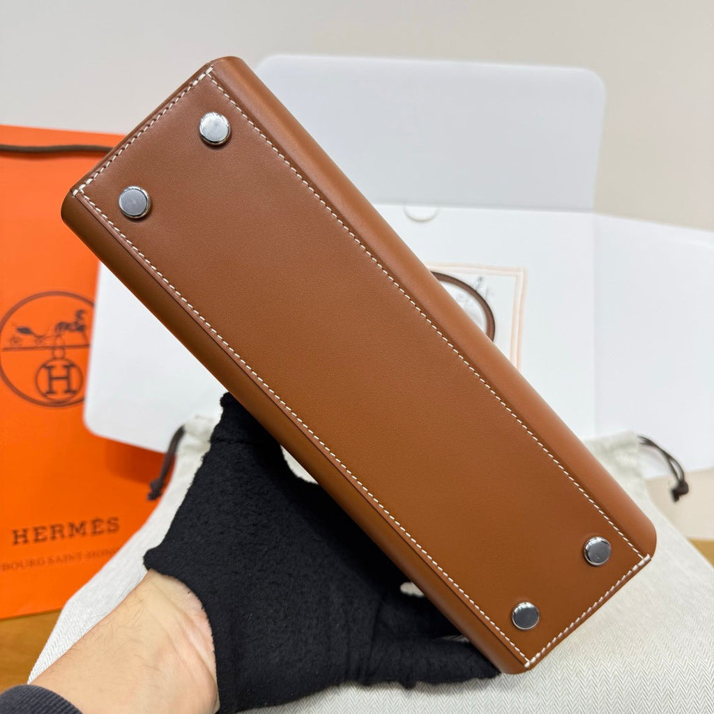 Hermes Tablier sellier Bag Brown Swift calfskin and H canvas Silver hardware - Default Title - View 5