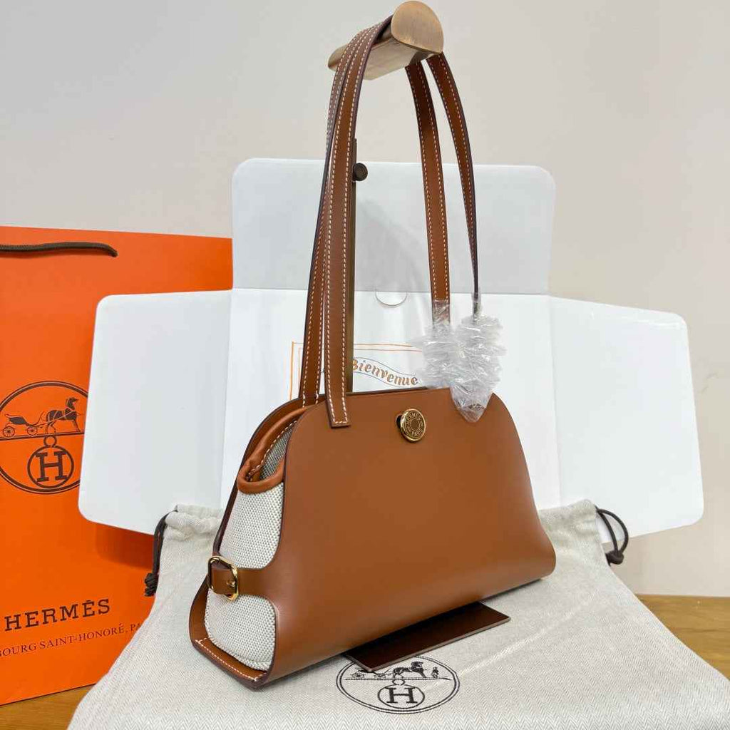 Hermes Tablier sellier Bag Brown Swift calfskin and H canvas Gold hardware - Default Title - View 3