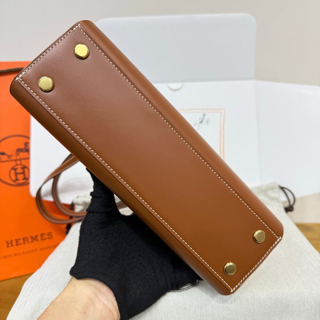 Hermes Tablier sellier Bag Brown Swift calfskin and H canvas Gold hardware - Default Title - View 5