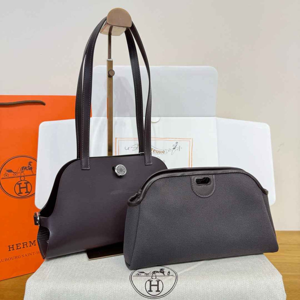 Hermes Tablier sellier Bag Coffee Swift calfskin and H canvas Silver hardware - Default Title - View 1
