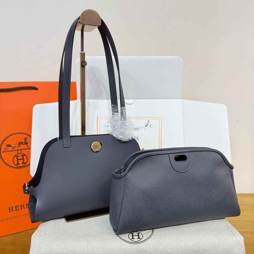 Hermes Tablier sellier Bag Gray Swift calfskin and H canvas Gold hardware - Default Title - View 1