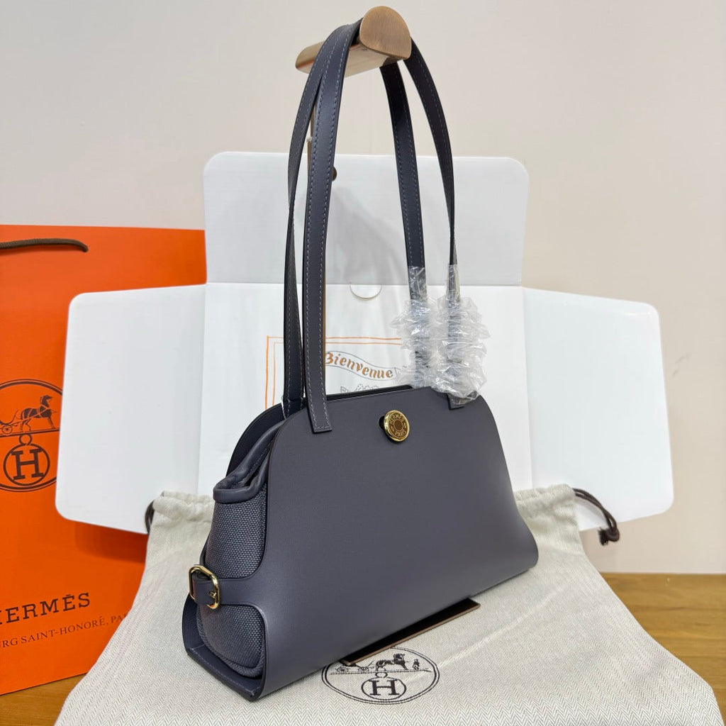 Hermes Tablier sellier Bag Gray Swift calfskin and H canvas Gold hardware - Default Title - View 3