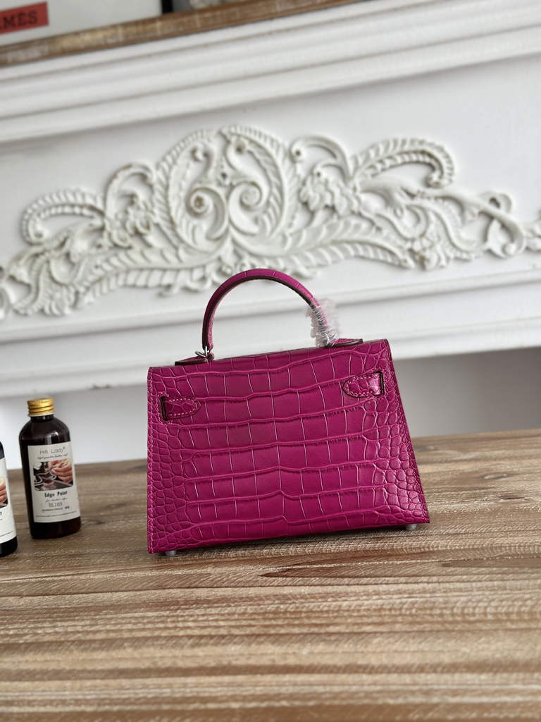 Hermes Kelly Bag 19cm Calfskin Plum Silver