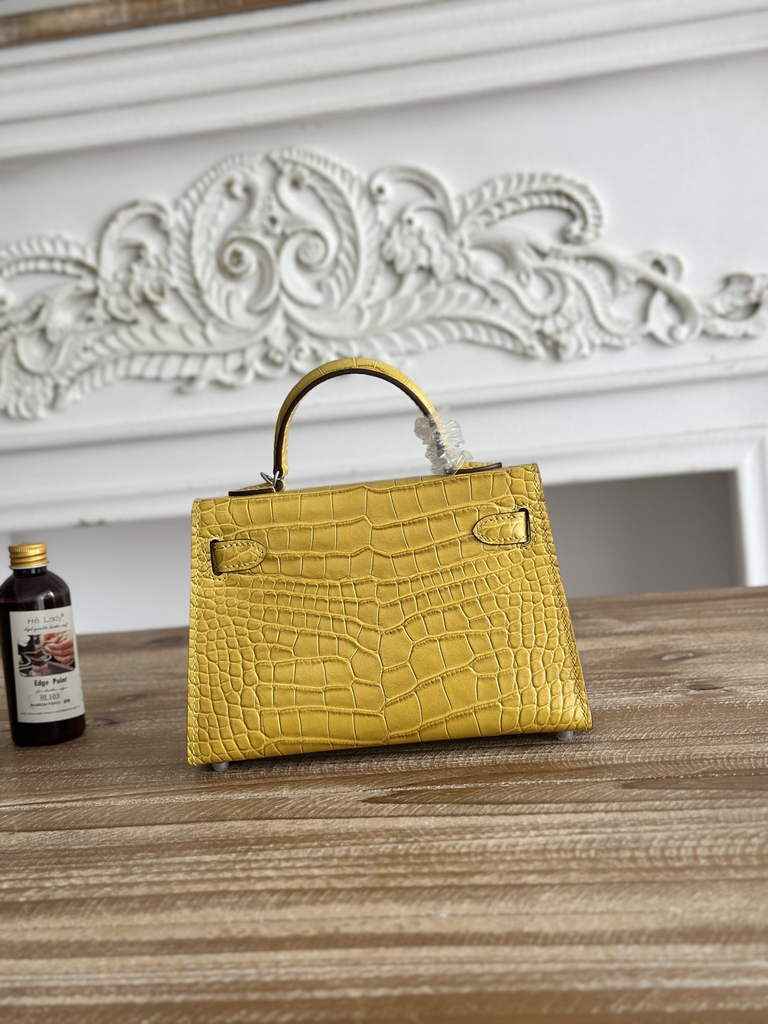 Hermes Kelly Bag 19cm Calfskin Yellow Silver