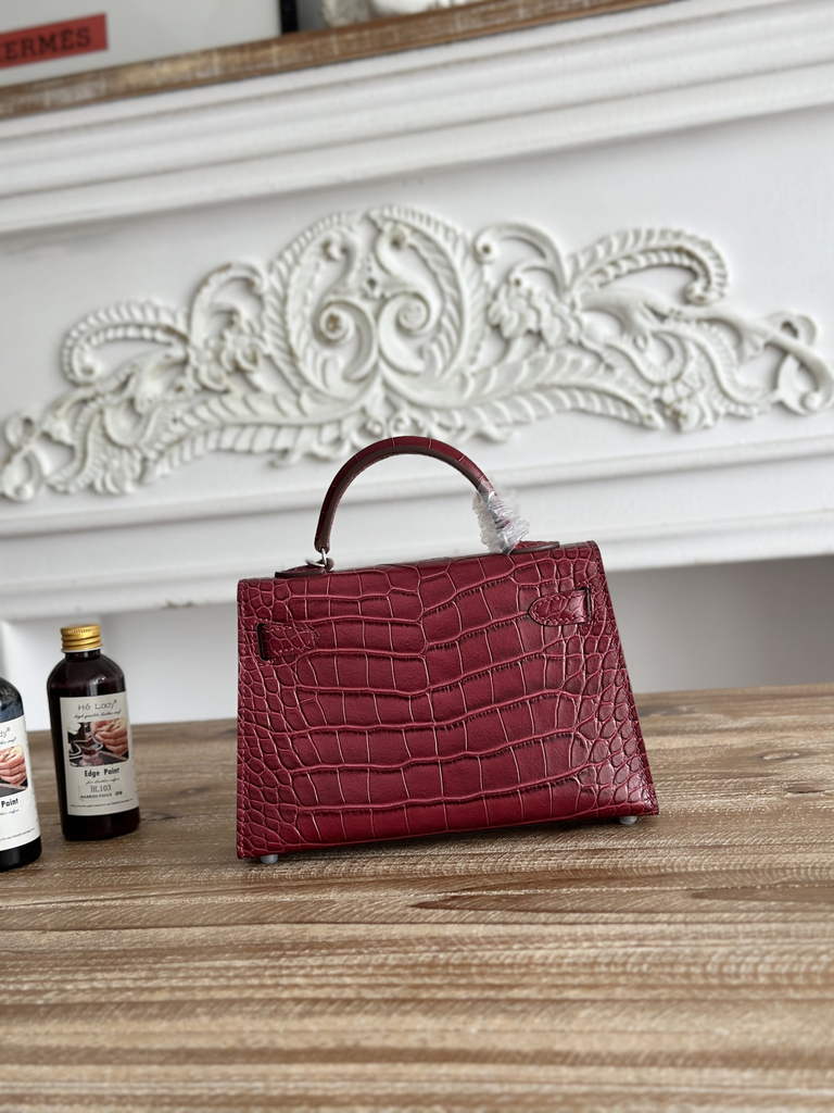 Hermes Kelly Bag 19cm Calfskin Wine Red Silver