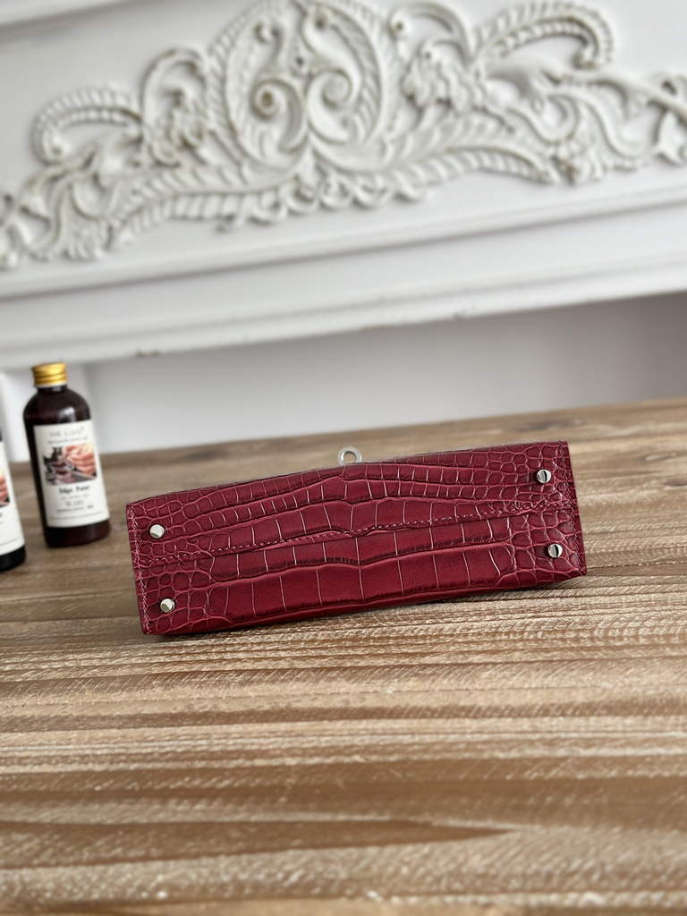 Hermes Kelly Bag 19cm Calfskin Wine Red Silver
