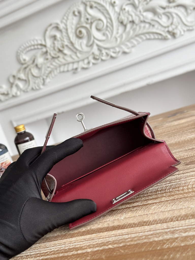 Hermes Kelly Bag 19cm Calfskin Wine Red Silver