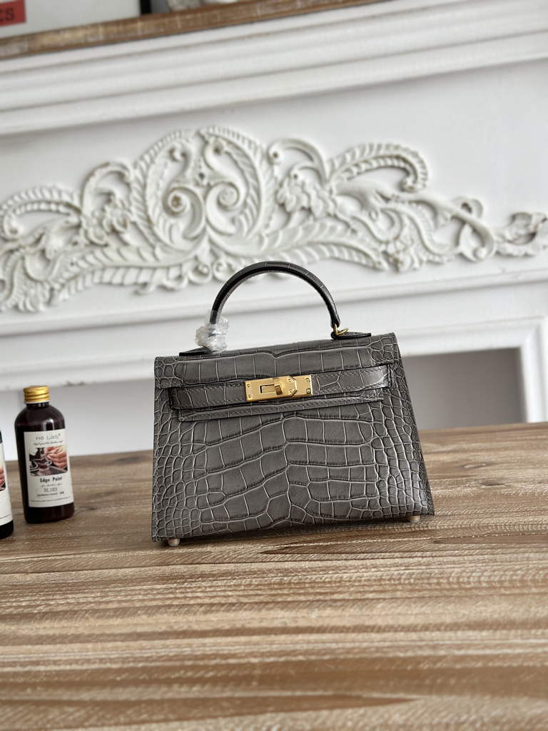Hermes Kelly Bag 19cm Calfskin Dark Gray Gold