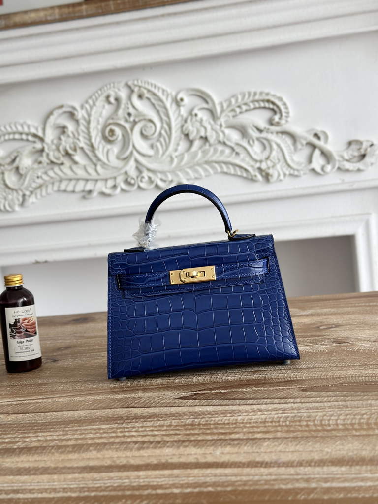 Hermes Kelly Bag 19cm Calfskin Blue Gold