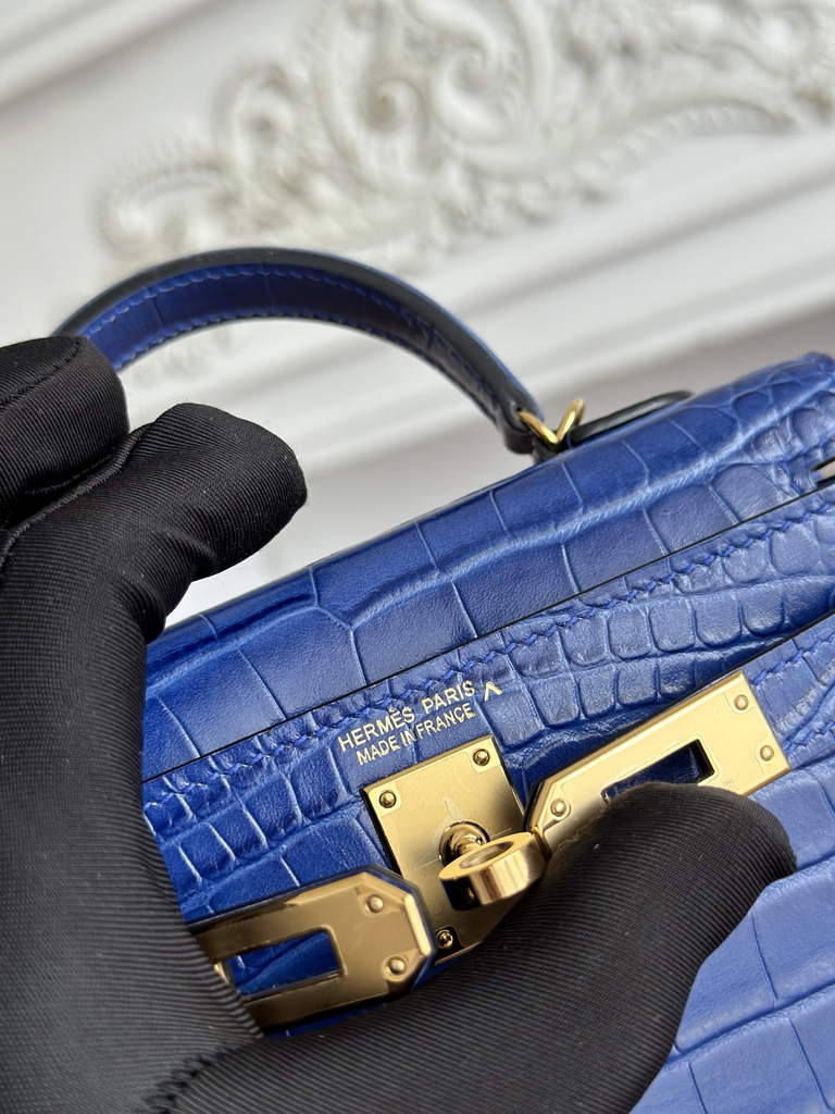 Hermes Kelly Bag 19cm Calfskin Blue Gold