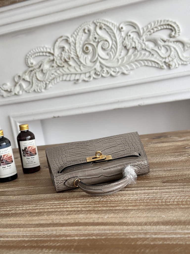 Hermes Kelly Bag 19cm Calfskin Gray Gold