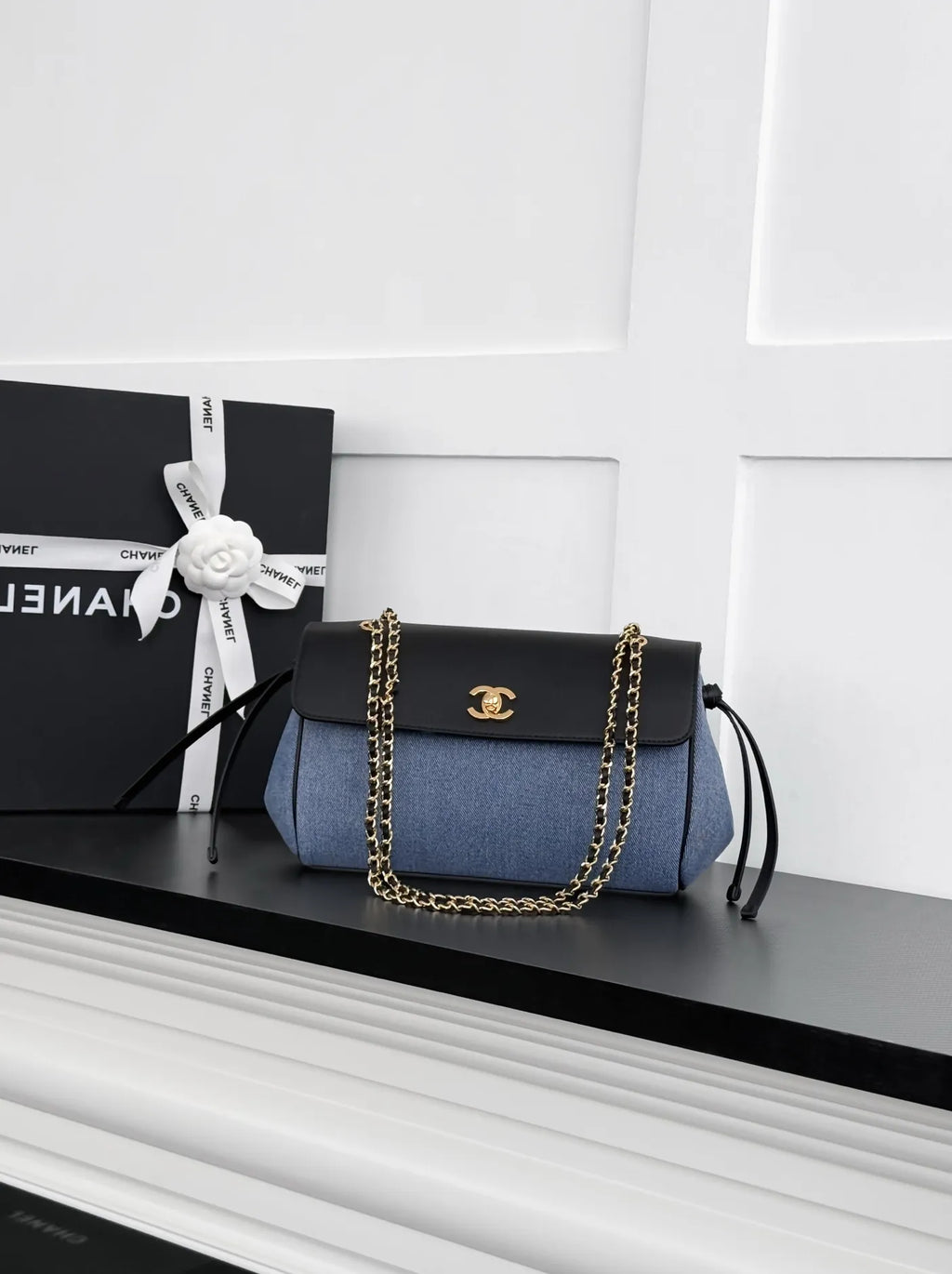 Chanel Large Flap Bag, AS6427 Black Calfskin Denim Blue