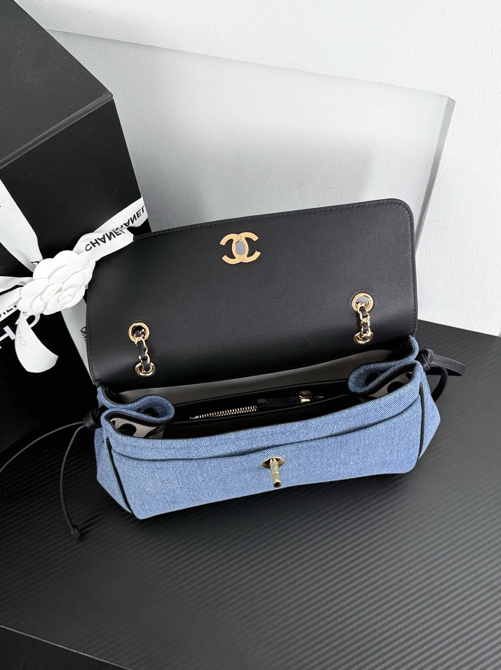 Chanel Large Flap Bag, AS6427 Black Calfskin Denim Blue