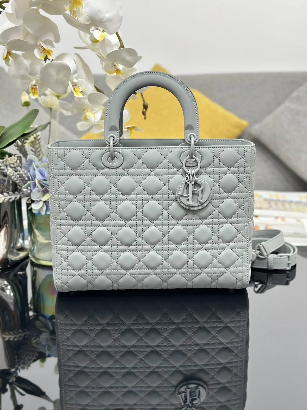 Large Lady Dior Bag M0566 Lambskin Gray - Default Title - View 1