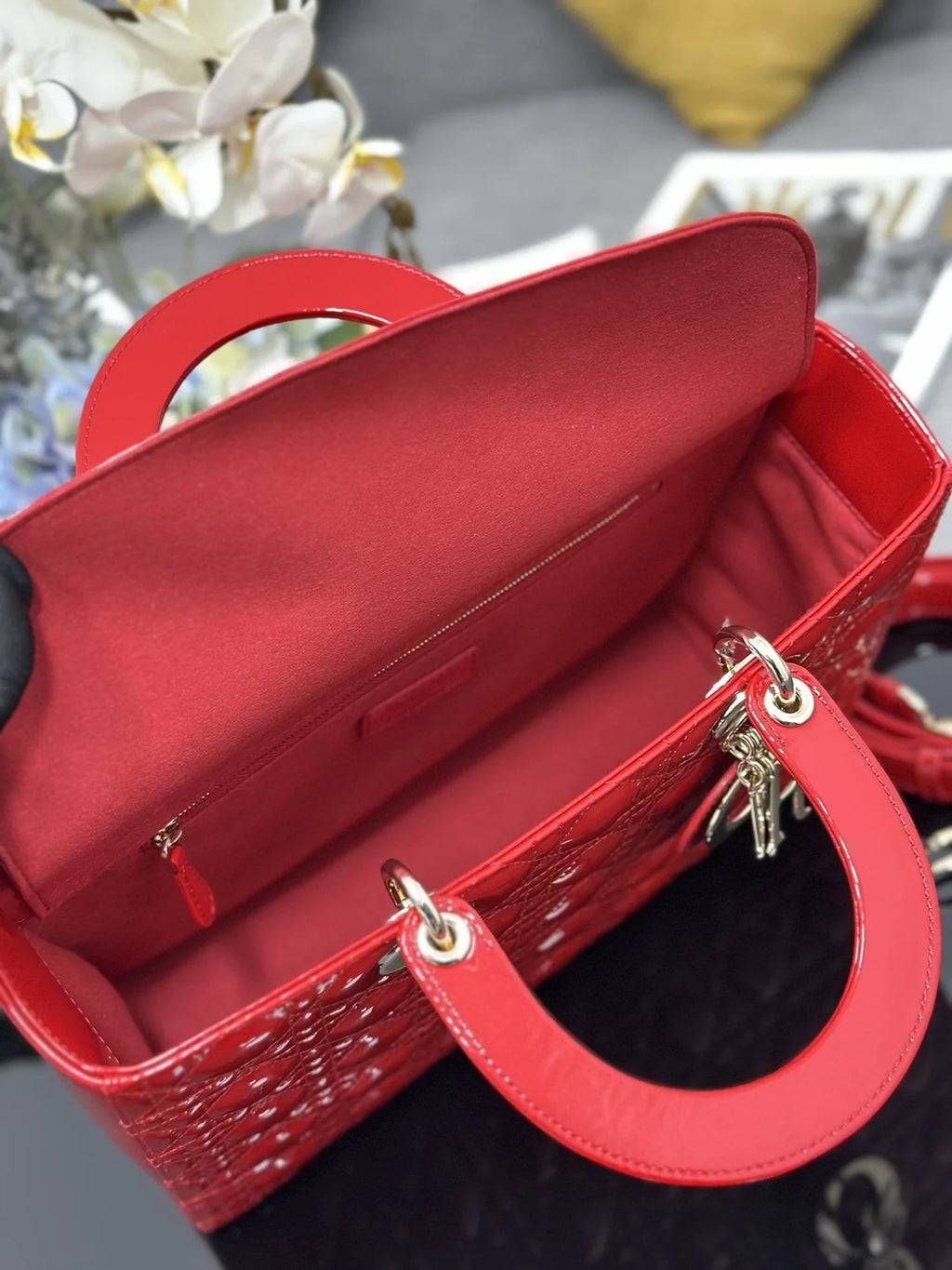 Large Lady Dior Bag M0566 Red Patent Gold Hardware - Default Title - View 8