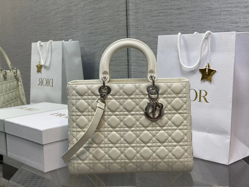 Large Lady Dior Bag M0566 White Lambskin Silver Hardware - Default Title - View 1