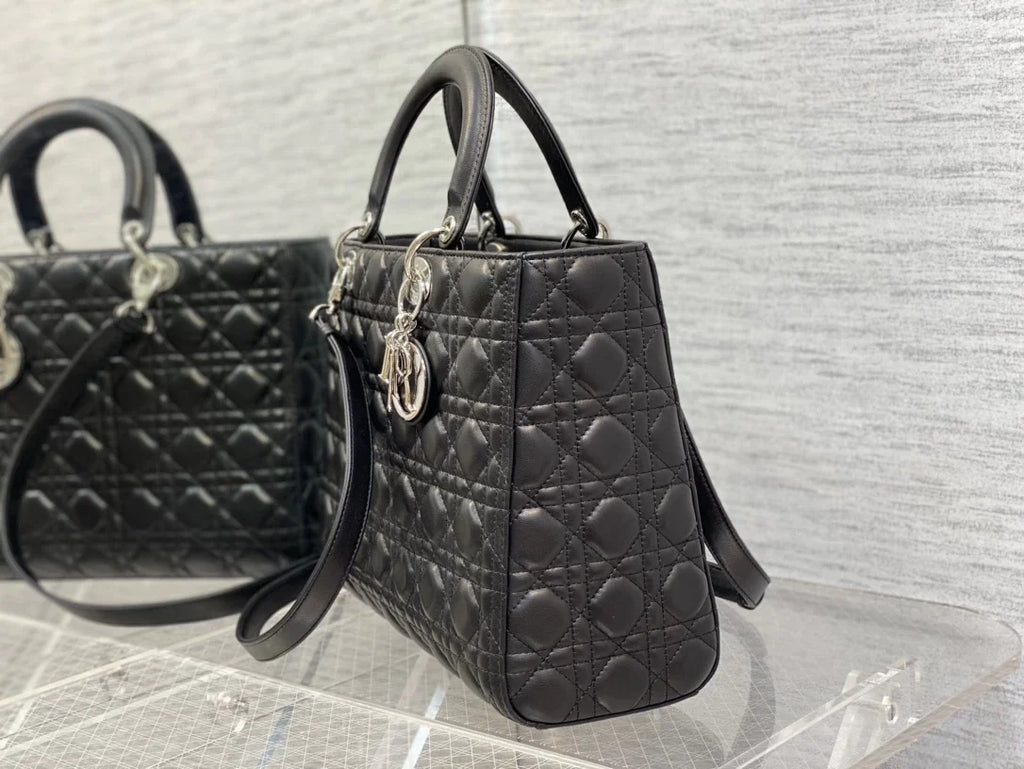 Large Lady Dior Bag M0566 Black Lambskin Silver Hardware - Default Title - View 3