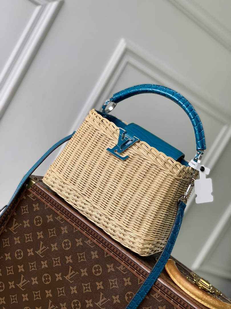 Louis Vuitton Capucines BB Bag, N88126 Blue Crocodile and Rattan - Default Title - View 1