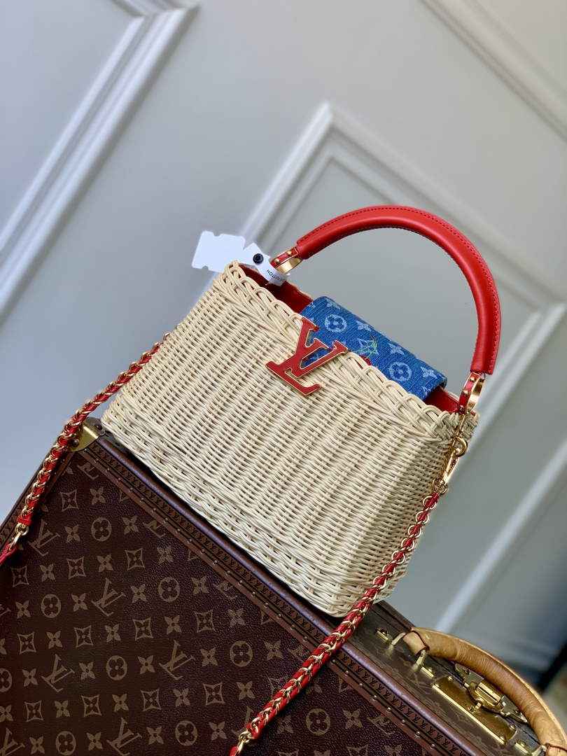 Louis Vuitton Capucines BB Bag, M26025 Washed Blue Rattan and denim - Default Title - View 1