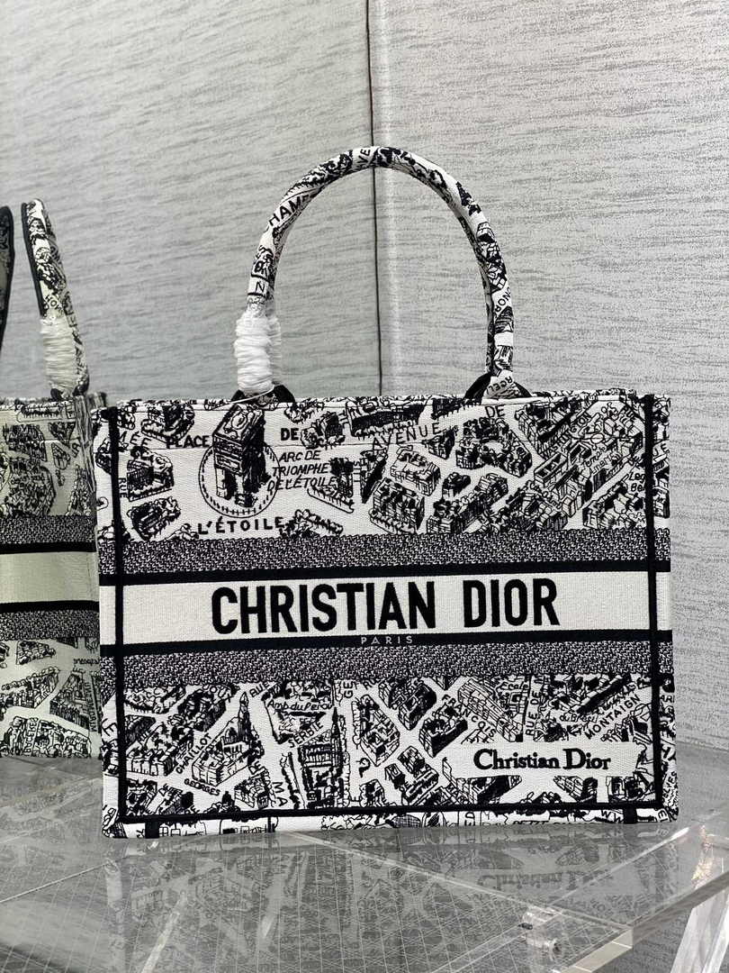 Medium Dior Book Tote M1296 Beige and Black Plan de Paris Embroidery - Default Title - View 1
