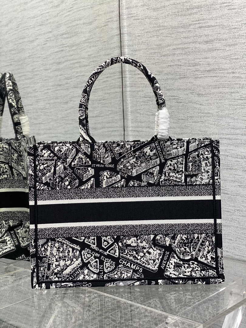 Medium Dior Book Tote M1296 Black and White Plan de Paris Embroidery - Default Title - View 2