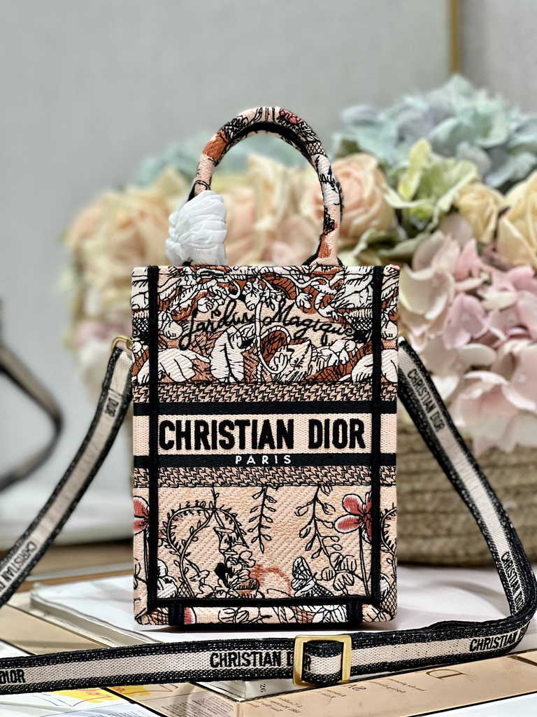 Mini Dior Book Tote Phone Bag S5555 Powder Pink Jardin Magique Embroidery - Default Title - View 1