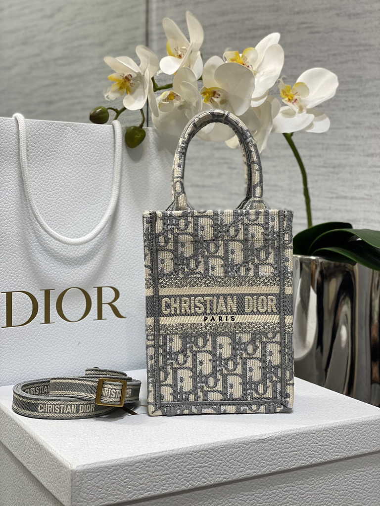 Mini Dior Book Tote Phone Bag S5555 Gray Oblique Embroidery - Default Title - View 1