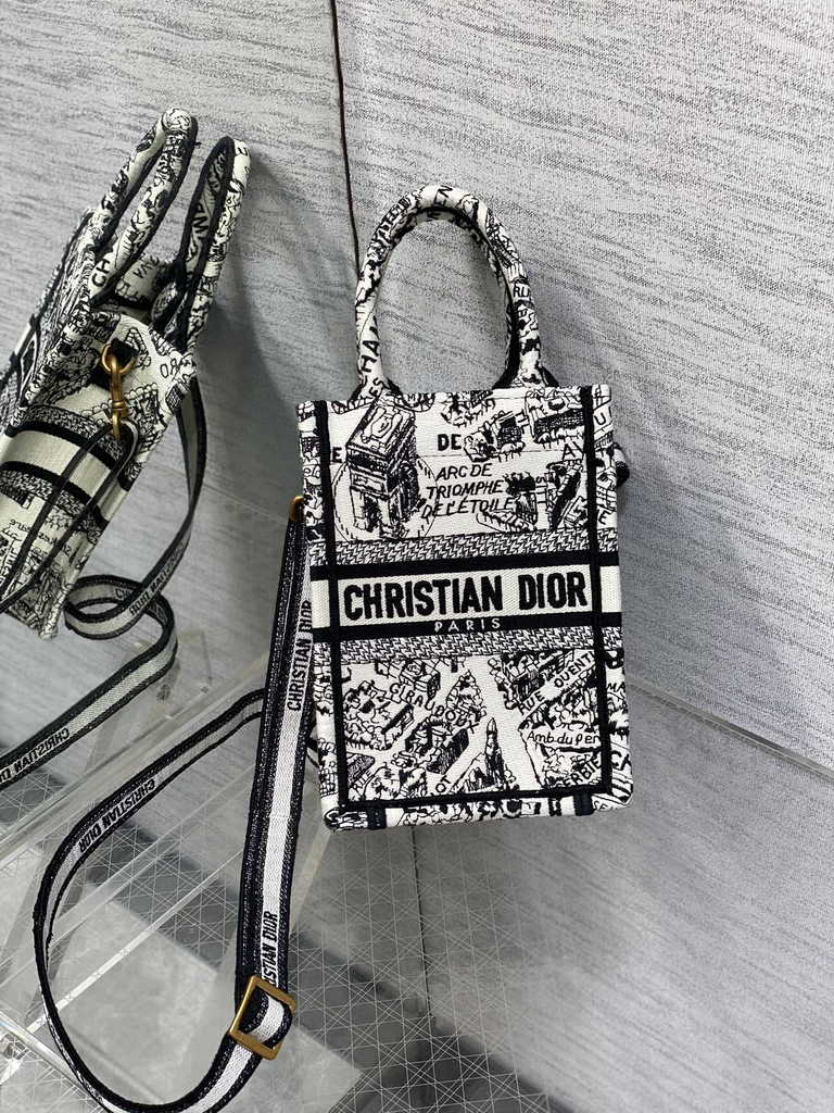 Mini Dior Book Tote Phone Bag S5555 White and Black Plan de Paris Embroidery - Default Title - View 3