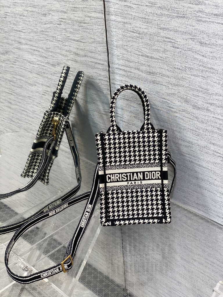 Mini Dior Book Tote Phone Bag S5555 Black and White Micro Houndstooth Embroidery - Default Title - View 2