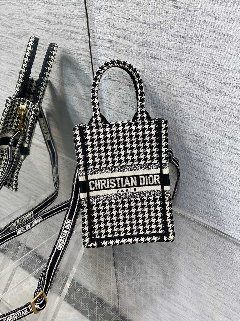 Mini Dior Book Tote Phone Bag S5555 Black and White Micro Houndstooth Embroidery - Default Title - View 3
