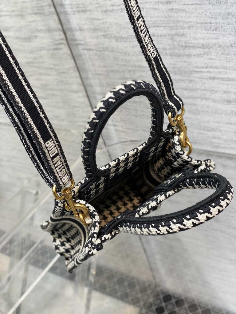 Mini Dior Book Tote Phone Bag S5555 Black and White Micro Houndstooth Embroidery - Default Title - View 9