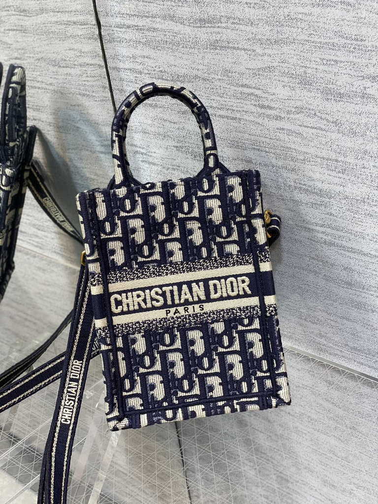Mini Dior Book Tote Phone Bag S5555 Blue Oblique Embroidery - Default Title - View 3
