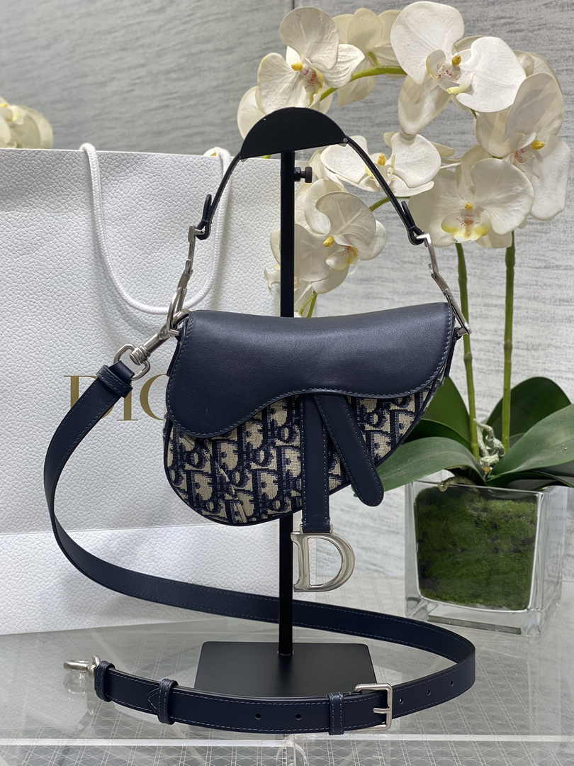 Mini Saddle Bag with Strap M0456 Blue Dior Oblique Jacquard and Smooth Calfskin - Default Title - View 1