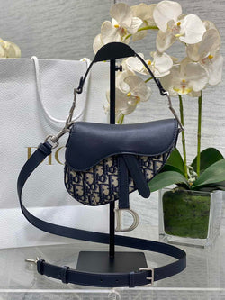 Mini Saddle Bag with Strap M0456 Blue Dior Oblique Jacquard and Smooth Calfskin - Default Title - View 1