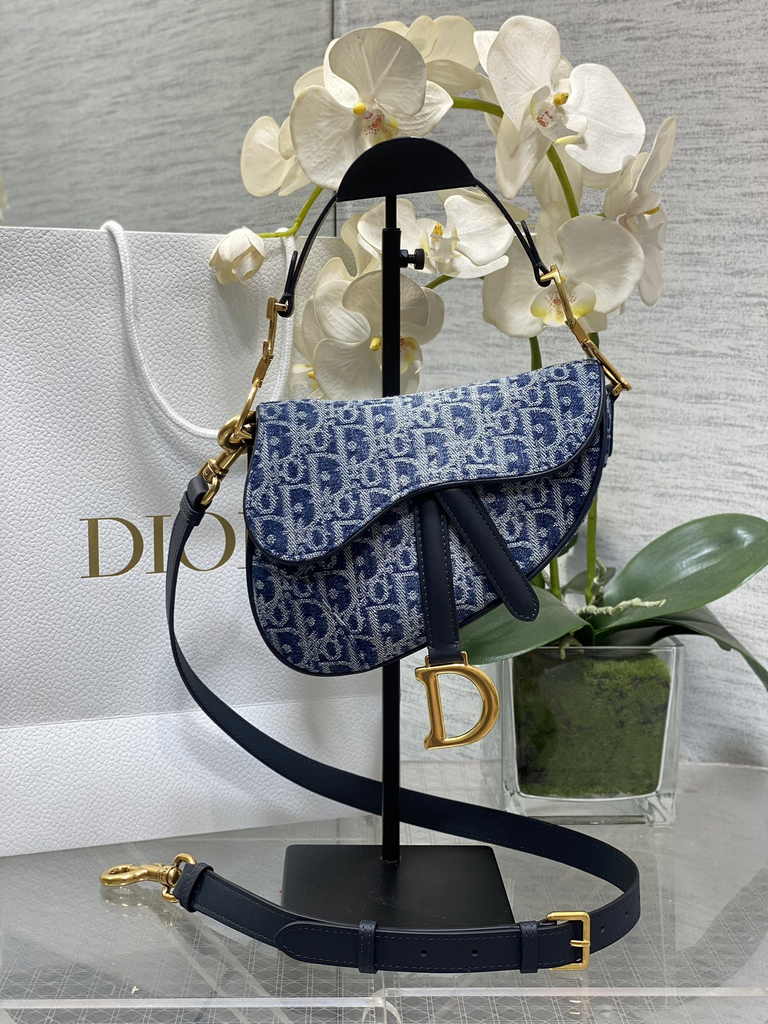 Dior Mini Saddle Bag with Strap M0456 Blue Denim Dior Oblique Jacquard - Default Title - View 1