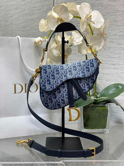 Dior Mini Saddle Bag with Strap M0456 Blue Denim Dior Oblique Jacquard - Default Title - View 1