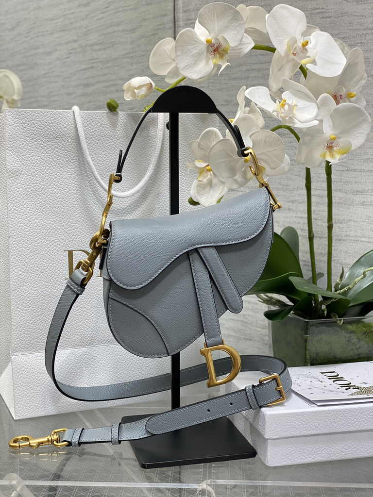 Dior Mini Saddle Bag with Strap M0456 Gray Grained Calfskin - Default Title - View 1