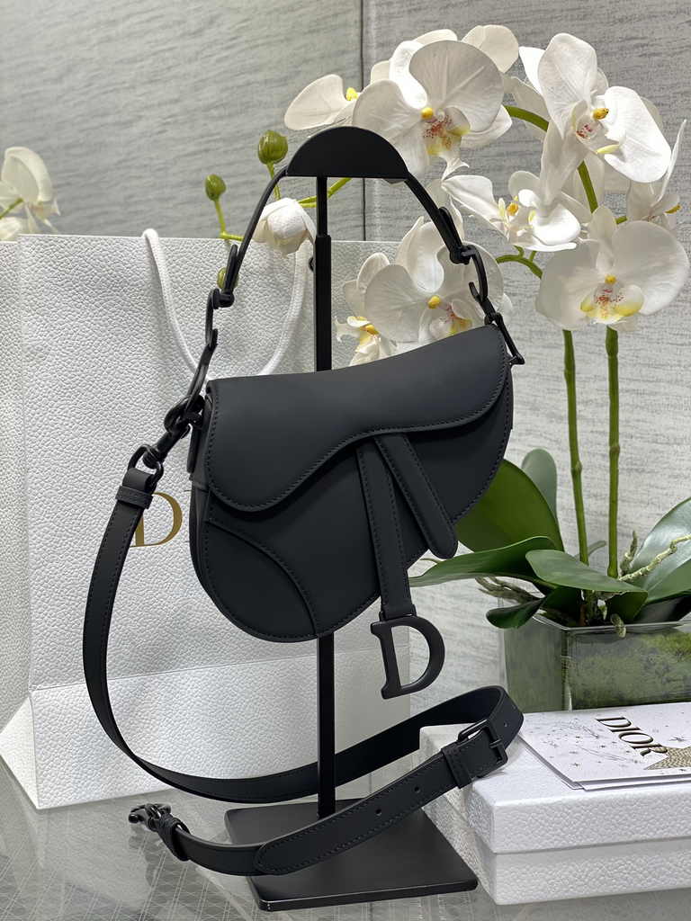Dior Mini Saddle Bag with Strap M0456 Black Smooth Calfskin - Default Title - View 1