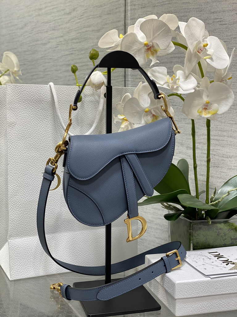 Dior Mini Saddle Bag with Strap M0456 Light Blue Grained Calfskin - Default Title - View 1
