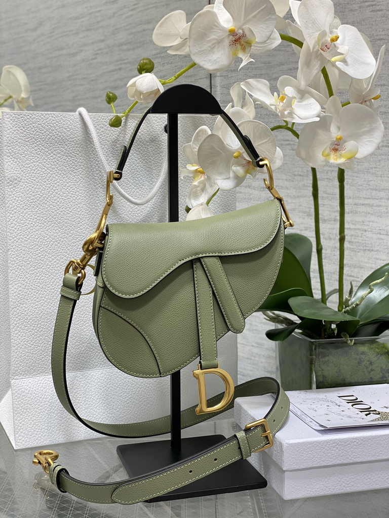 Dior Mini Saddle Bag with Strap M0456 Green Grained Calfskin - Default Title - View 1